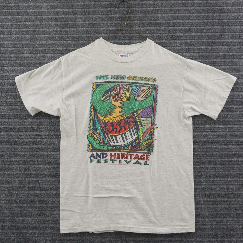 Vintage 90s Hanes T-Shirt Mens Medium Gray 1993 New Orleans Jazz Fest Graphic